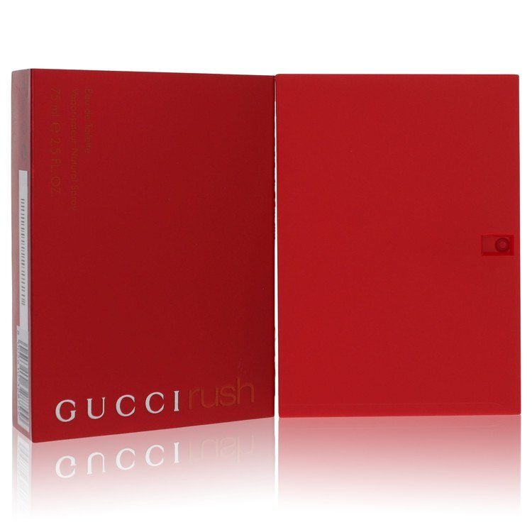 Gucci Rush Eau de Toilette spray for women, 2.5 oz bottle, featuring a sleek glass design with gold accents.