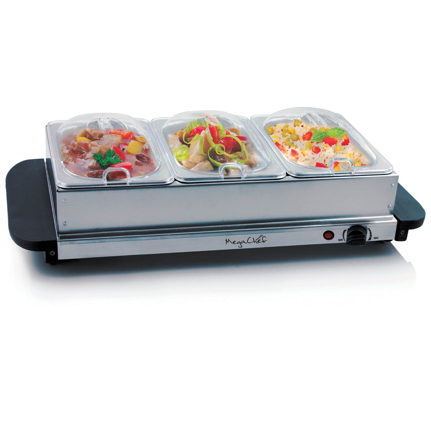 MegaChef buffet server and food warmer with three removable trays, heated warming tray, and adjustable tray frame for kitchen use.