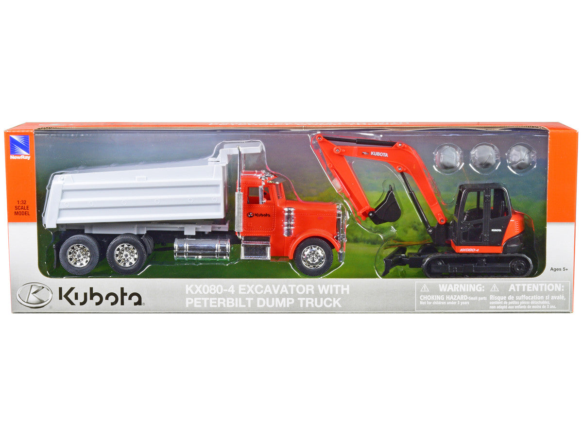 Peterbilt Dump Truck Orange and White and Kubota KX080-4 Excavator Orange and Black with Rocks 1/32 Diecast Model by New Ray-2