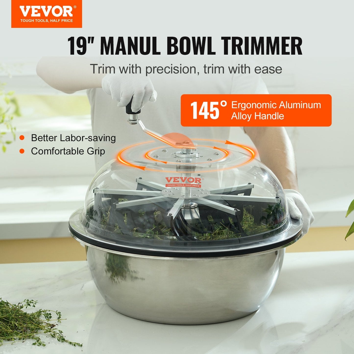 VEVOR Leaf Bowl Trimmer, 19'' Trimmer Bowl, Manual Bud Trimmer with Stainless-Steel Blades for Twisted Spin Cut, Clear Visibility Dome, Foldable Herb Drying Rack and Hand Pruner Included-0