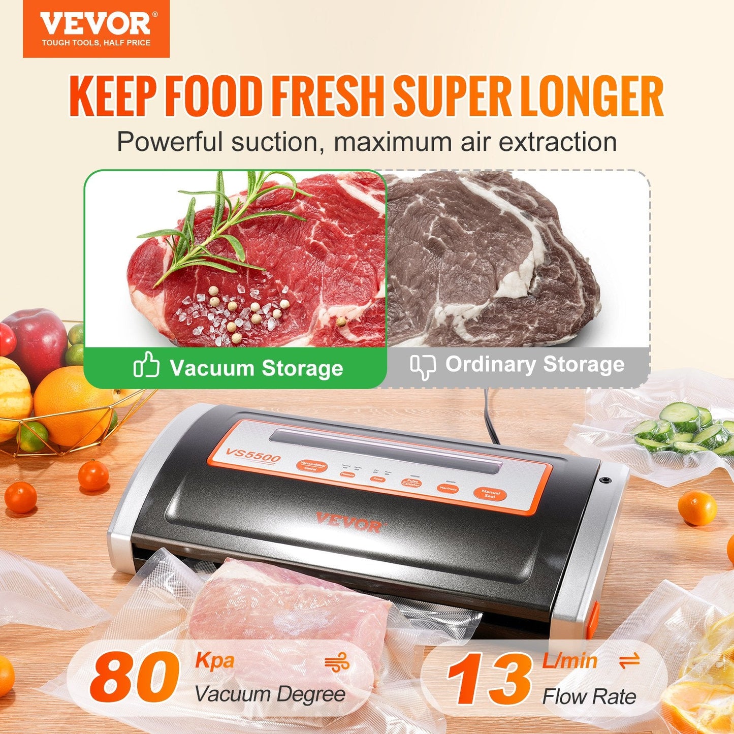 VEVOR Vacuum Sealer Machine, 80Kpa 130W Powerful, Multifunctional for Dry and Moist Food Storage, Automatic and Manual Air Sealing System with Built-in Cutter, 2 Bag Rolls and an External Hose-0