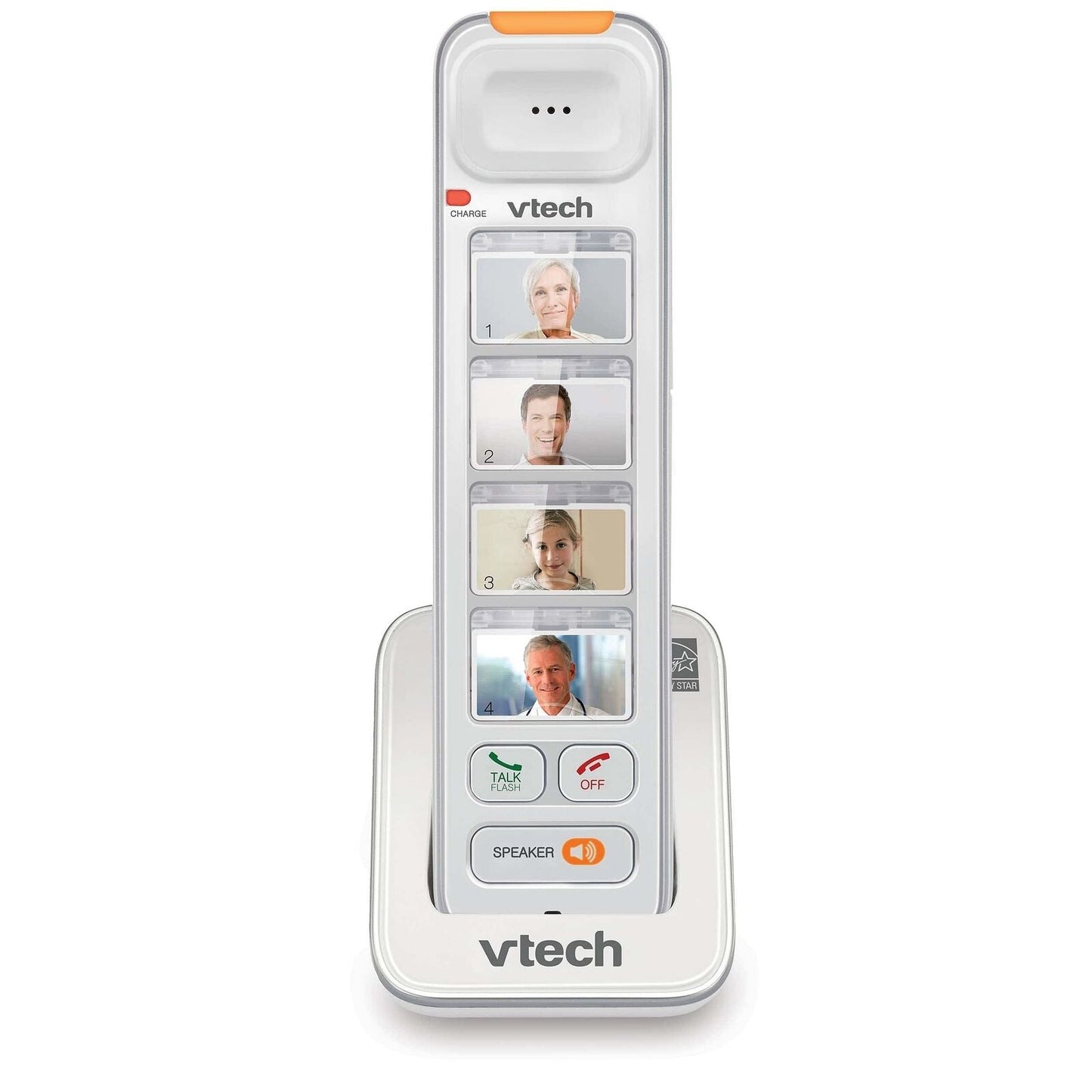 VTech SN5307 amplified photo dial accessory handset for landline phones, with buttons and display screen visible.