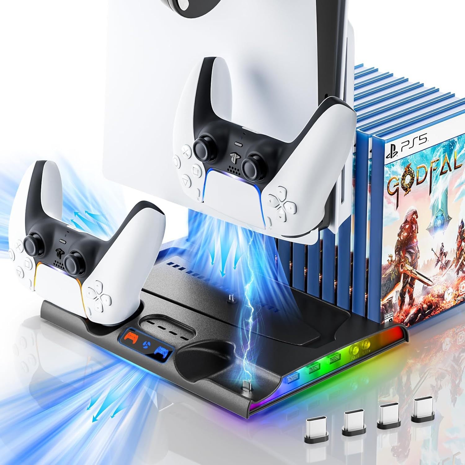 American Smart PS5 Slim dedicated charging dock with cooling fan, disc storage rack, and slim design for PlayStation 5 gaming console.
