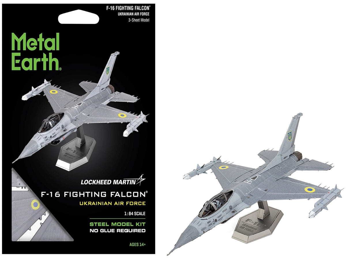 Steel model kit of the Lockheed Martin F-16 Fighting Falcon aircraft for Ukrainian Air Force by Metal Earth, partially assembled.