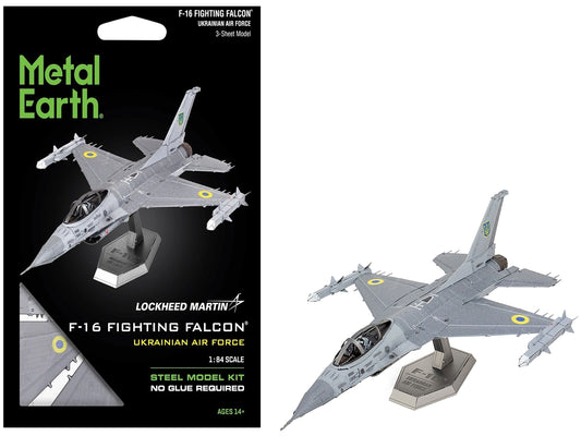 Steel model kit of the Lockheed Martin F-16 Fighting Falcon aircraft for Ukrainian Air Force by Metal Earth, partially assembled.
