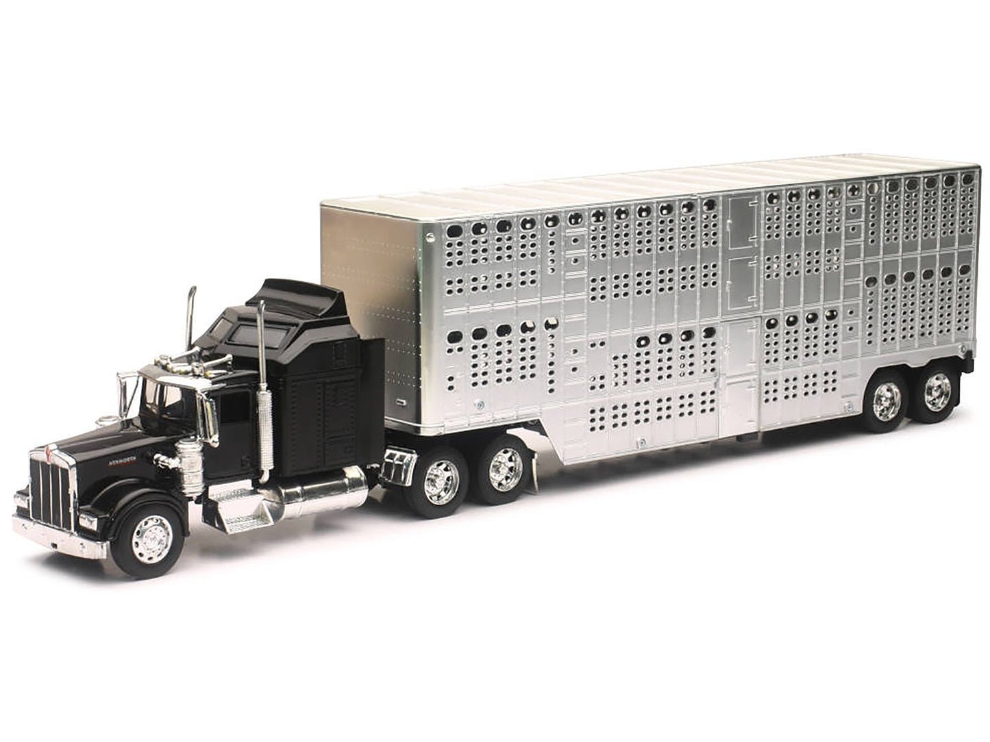 Black Kenworth W900 truck diecast model by New Ray, featuring livestock chrome details, from the Long Haul Truckers series, 1/32 scale.