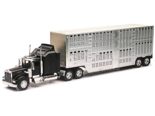 Black Kenworth W900 truck diecast model by New Ray, featuring livestock chrome details, from the Long Haul Truckers series, 1/32 scale.