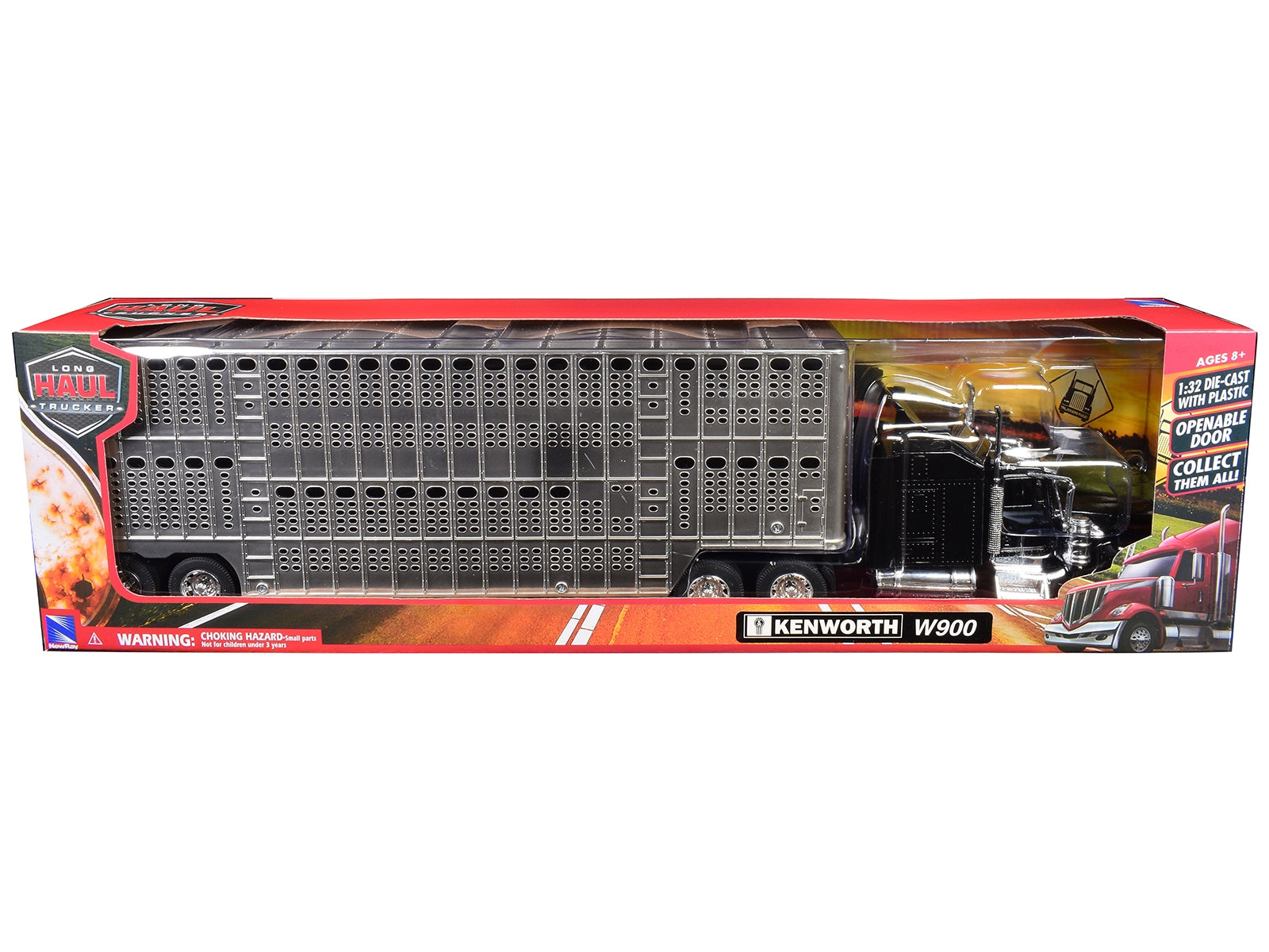 Black Kenworth W900 truck diecast model by New Ray, detailed with chrome accents from the Long Haul Truckers series, 1/32 scale.