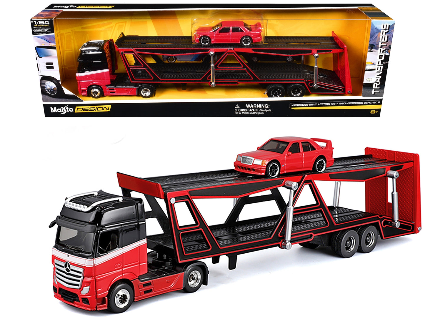 Red and black Mercedes-Benz Actros open car hauler with white stripes and a red 1990 Mercedes-Benz 190E diecast model by Maisto.