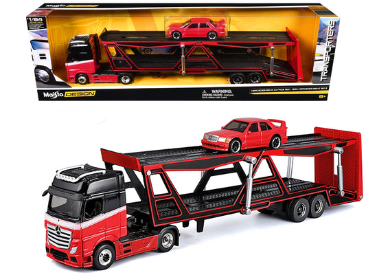 Red and black Mercedes-Benz Actros open car hauler with white stripes and a red 1990 Mercedes-Benz 190E diecast model by Maisto.