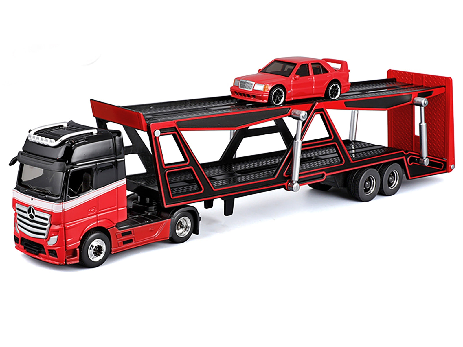 Maisto Mercedes-Benz Actros open car hauler truck in red and black with white stripes, alongside a red Mercedes-Benz 190E diecast model.
