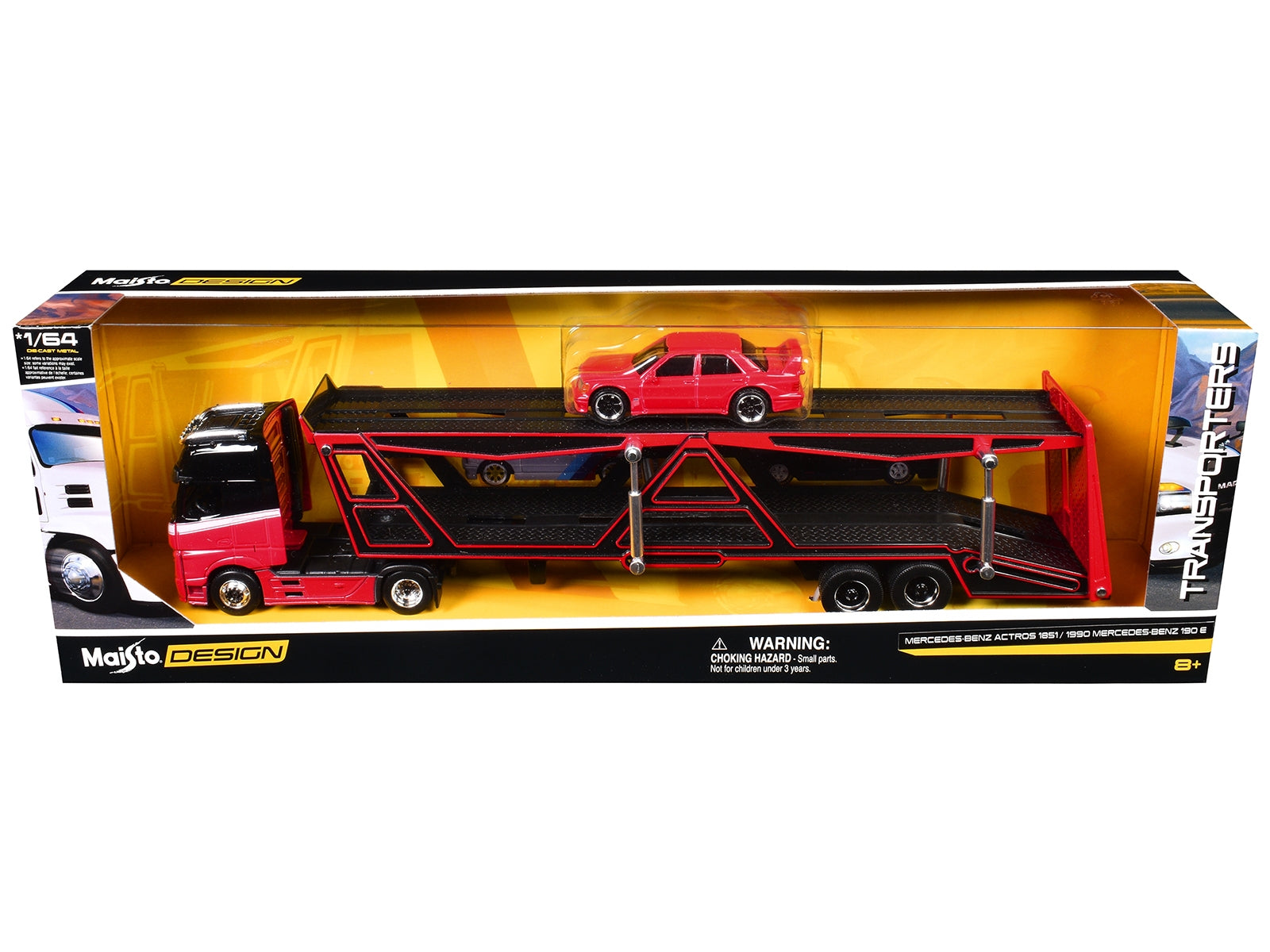 Red and black Mercedes-Benz Actros open car hauler with white stripes and a red Mercedes-Benz 190E 1/64 diecast model by Maisto.
