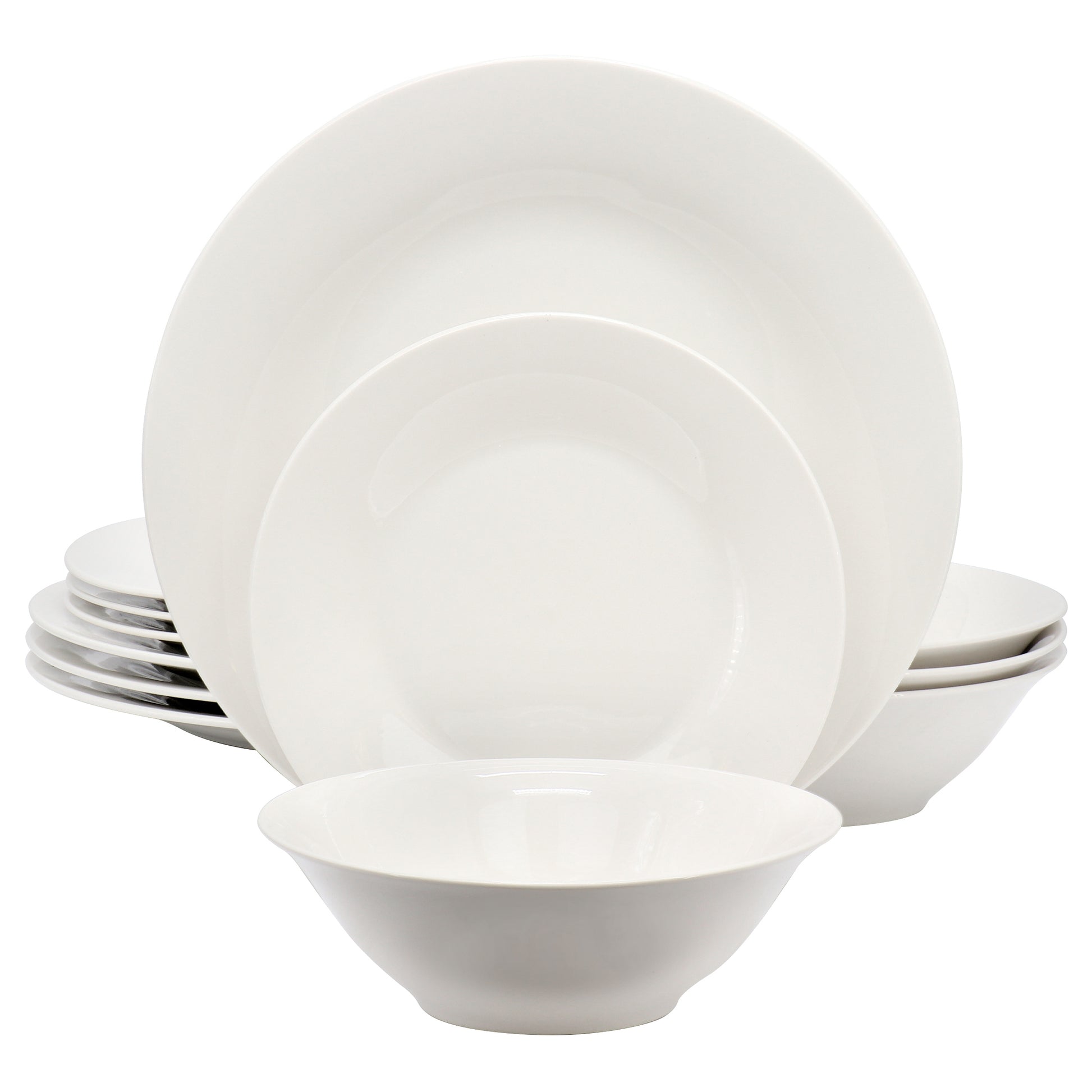 Gibson Home 12-piece white ceramic dinnerware set with round plates and bowls for everyday use.