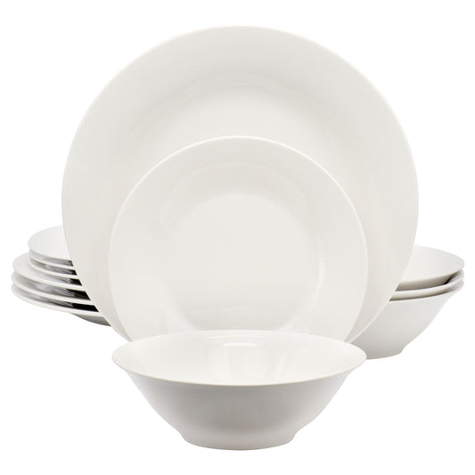 Gibson Home 12-piece white ceramic dinnerware set with round plates and bowls for everyday use.
