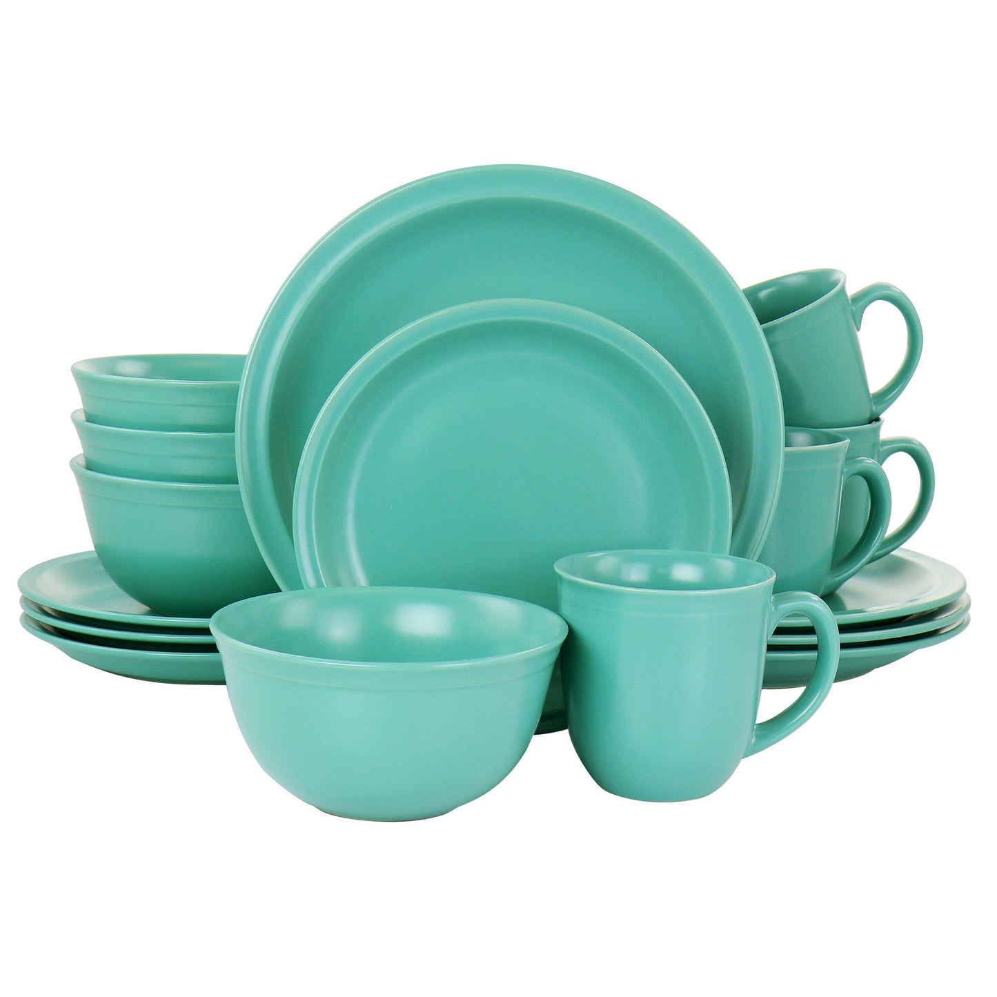 Gibson Home 16-piece Siam Stoneware dinnerware set in green, includes plates, bowls, and mugs with a modern design.