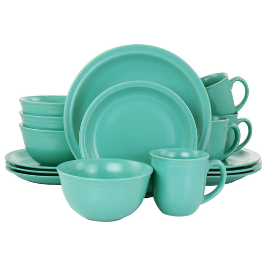 Gibson Home 16-piece Siam Stoneware dinnerware set in green, includes plates, bowls, and mugs with a modern design.