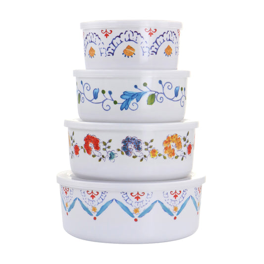 Gibson Home 8-piece Anaya round nesting food storage set with clear lids for kitchen organization and airtight storage.