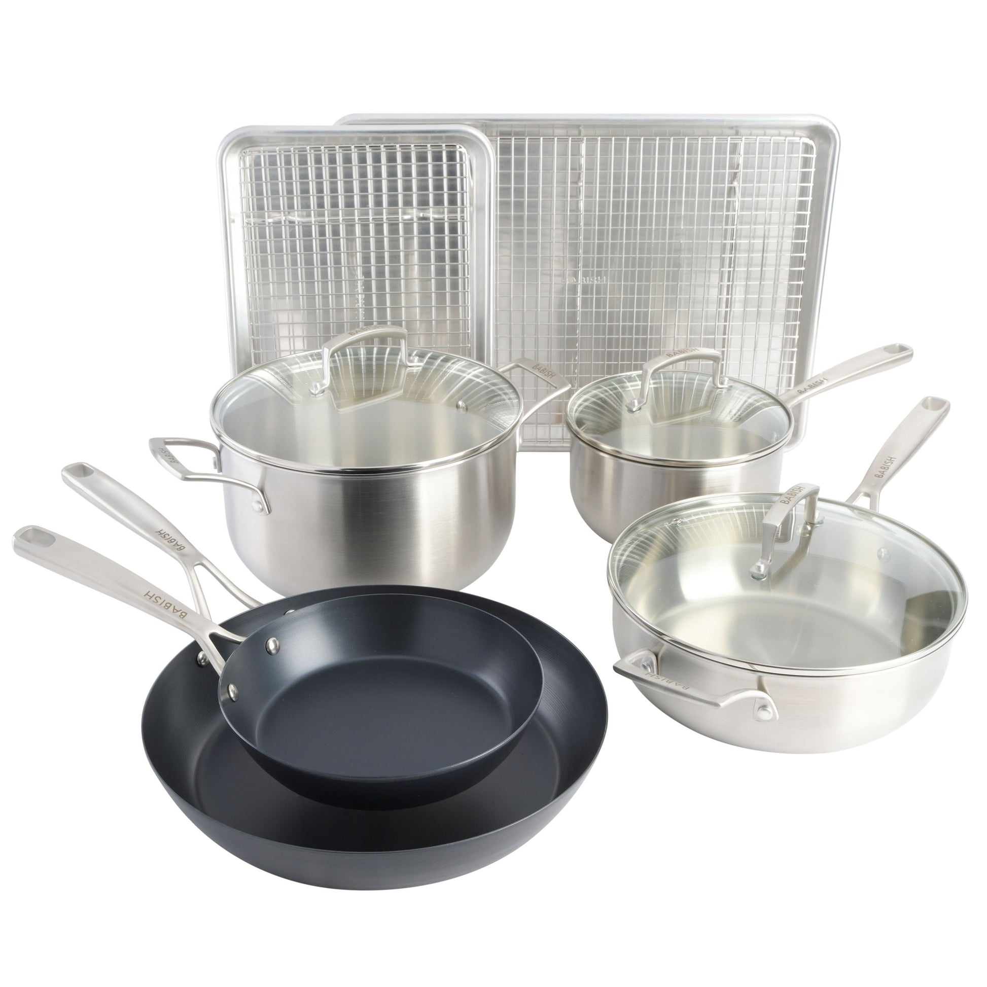 Babish 12-piece cookware set including stainless steel, carbon steel, and aluminum pots and pans for versatile cooking.