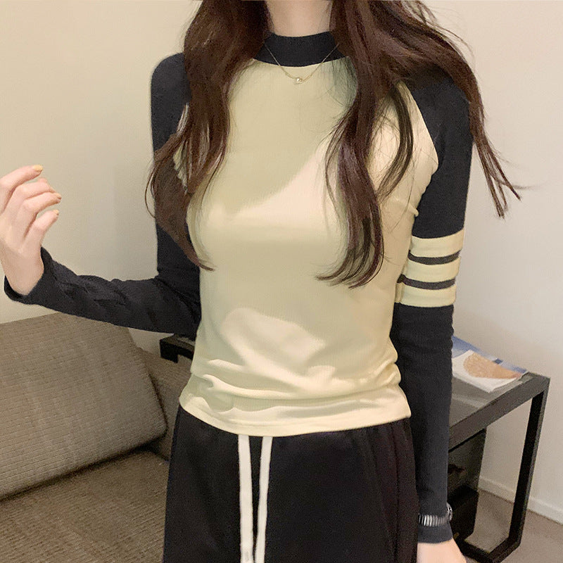 Color-blocked Shoulder Sleeve Short Crop Long Sleeve T-Shirt for Women