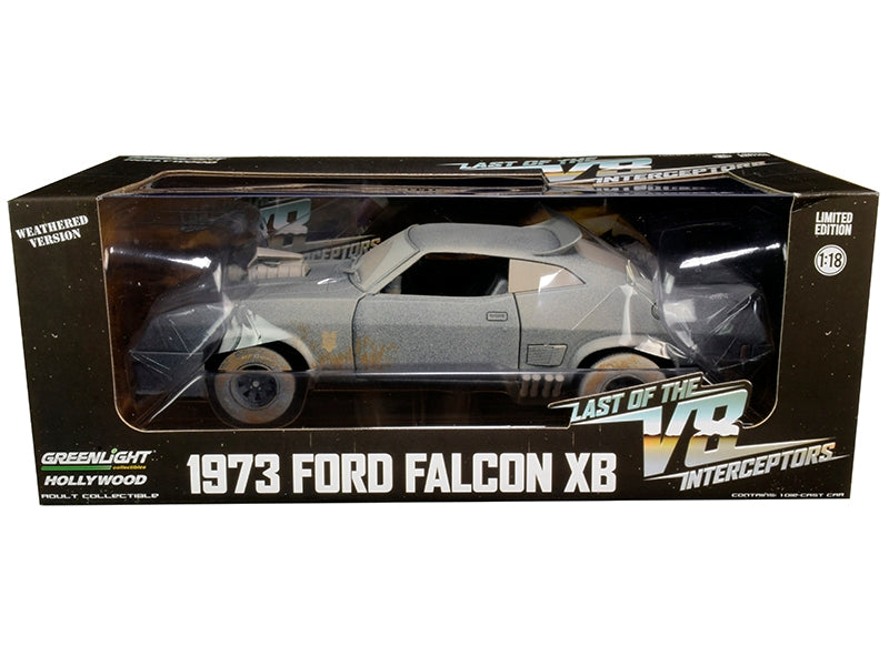 Weathered 1/18 scale diecast model of 1973 Ford Falcon XB RHD from "V8 Interceptors" by Greenlight, showing detailed exterior.