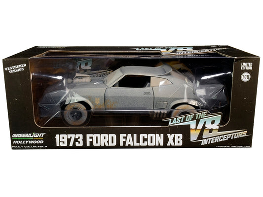 Weathered 1/18 scale diecast model of 1973 Ford Falcon XB RHD from "V8 Interceptors" by Greenlight, showing detailed exterior.