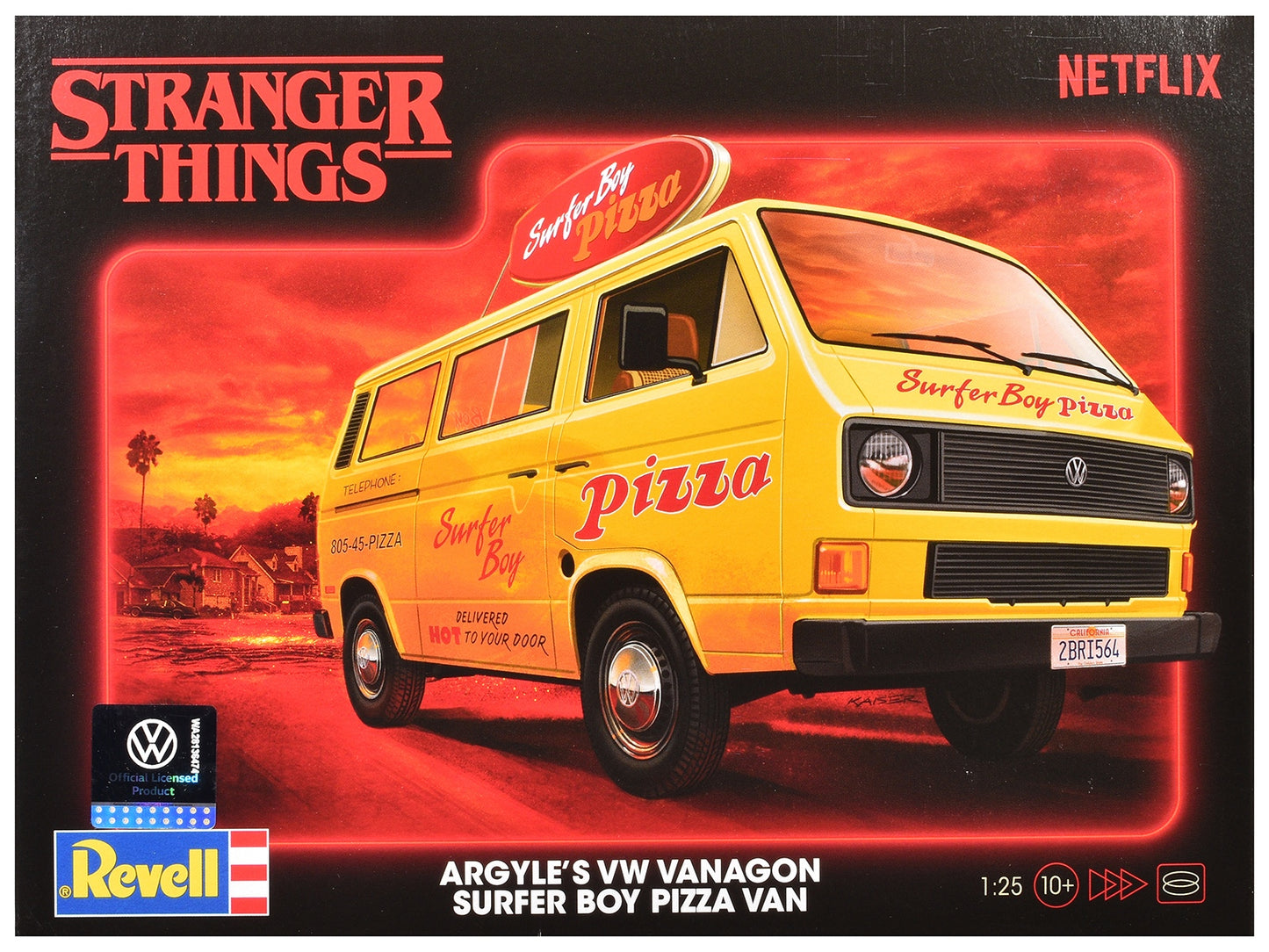 Revell 1/25 scale model of Argyle's Volkswagen Vanagon "Surfer Boy Pizza" van from Stranger Things TV series, detailed model kit.