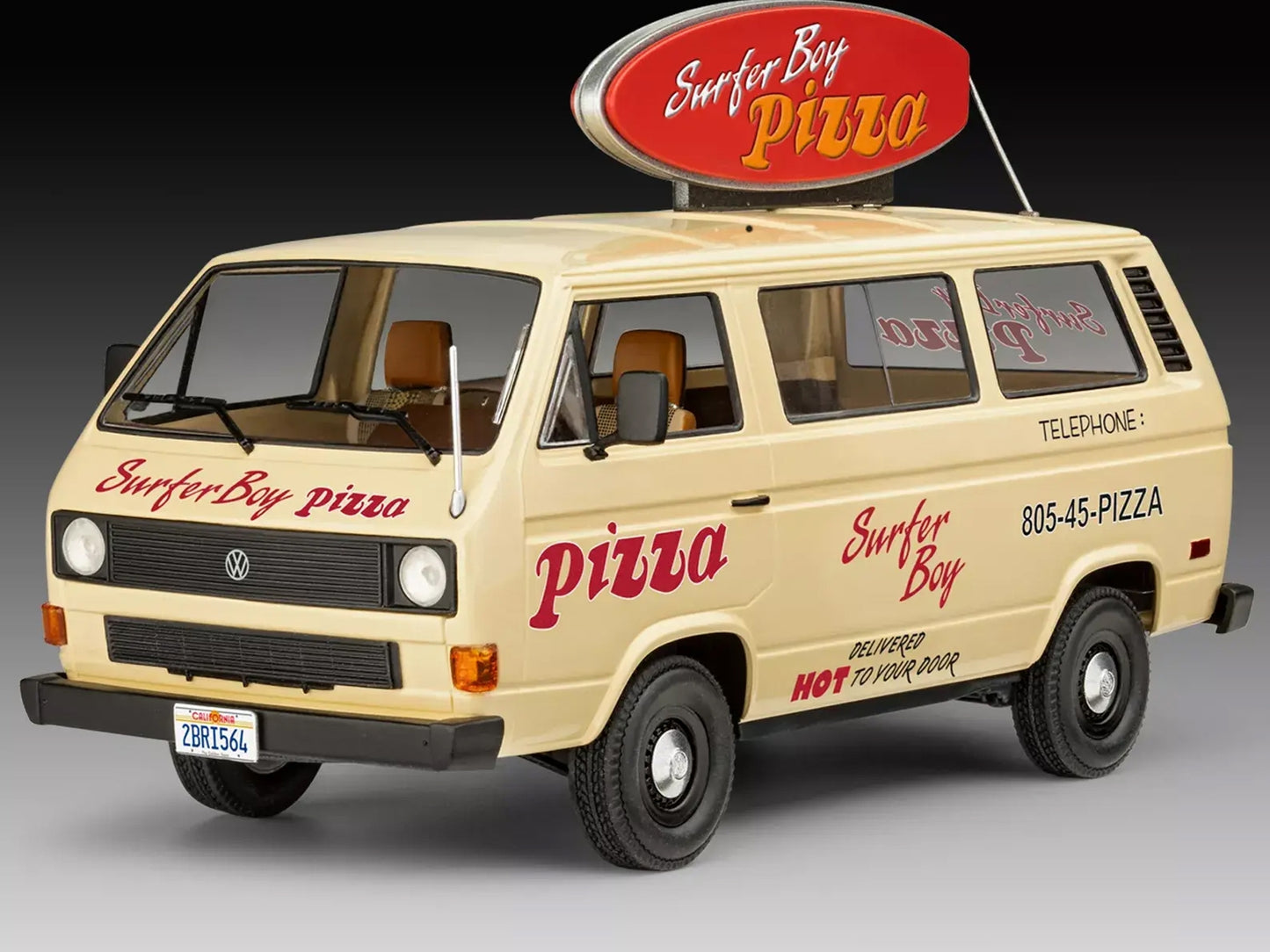 Revell 1/25 scale model of Argyle's Volkswagen Vanagon "Surfer Boy Pizza" from Stranger Things, detailed view of the model kit.
