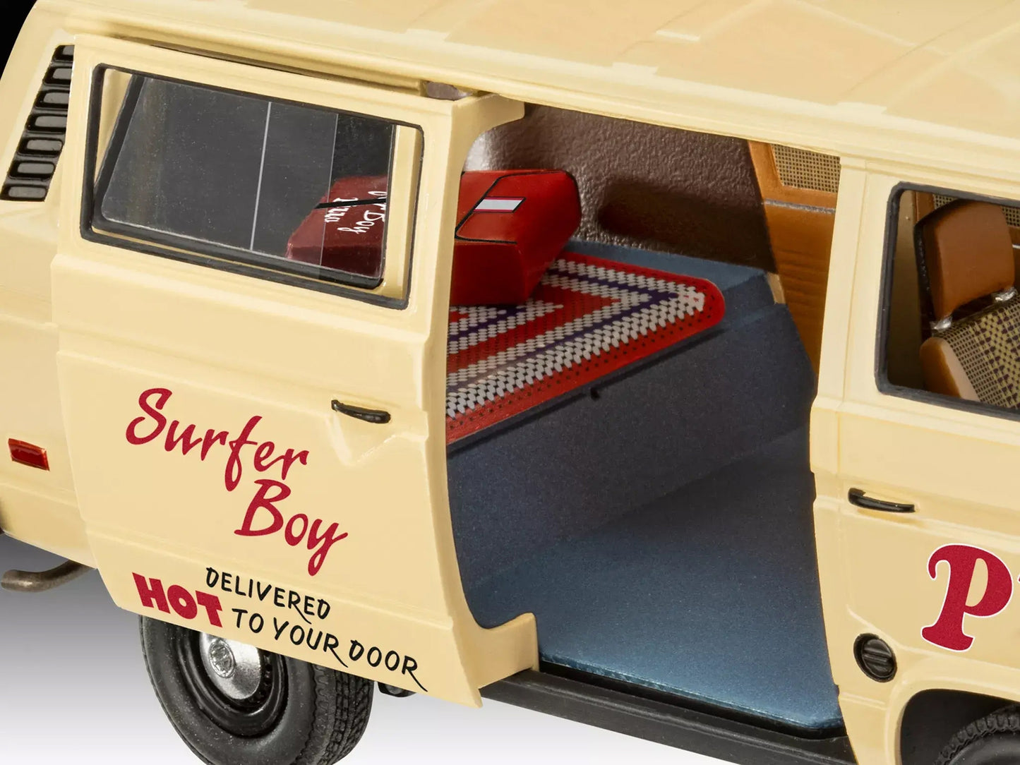 Revell 1/25 scale model of Argyle's Volkswagen Vanagon "Surfer Boy Pizza" van from Stranger Things TV series, detailed collectible toy