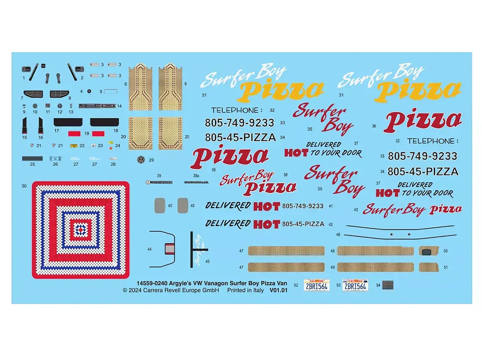 Revell 1/25 scale Volkswagen Vanagon "Surfer Boy Pizza" model kit from Stranger Things series, detailed blue and white van image.
