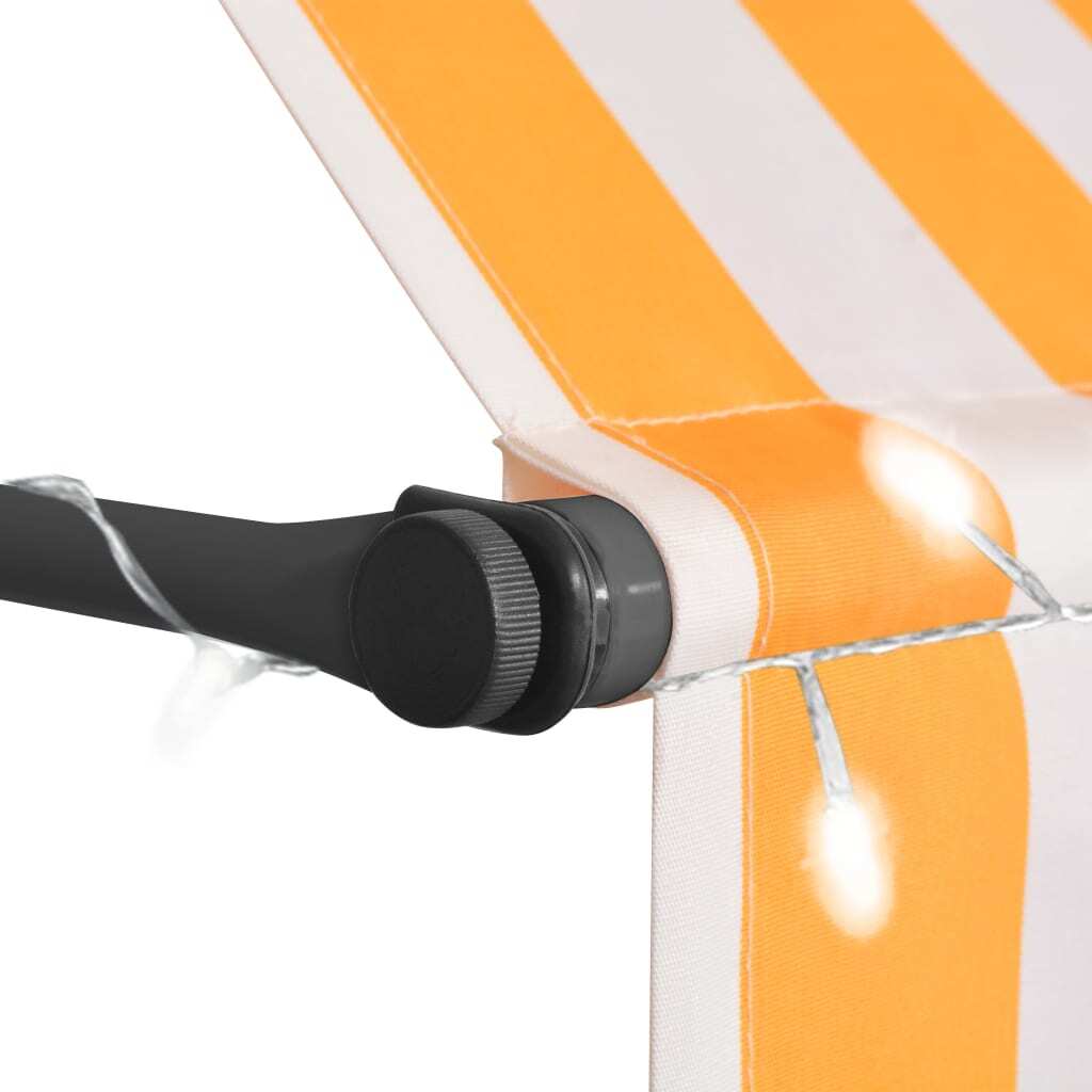 Manual retractable outdoor awning with LED lights, 157.5 inches wide, in white and orange, by American Smart for outdoor living.