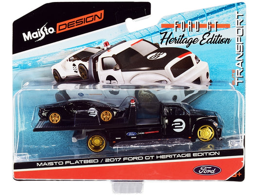 2017 Ford GT #2 Heritage Edition with flatbed truck diecast model in black, part of Maisto 1/64 scale Elite Transport series.