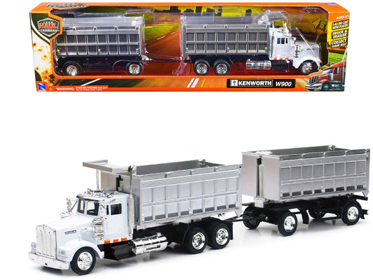 Kenworth W900 dump truck diecast model by New Ray, white and chrome twin dump bodies, Long Haul Trucker series 1/43 scale