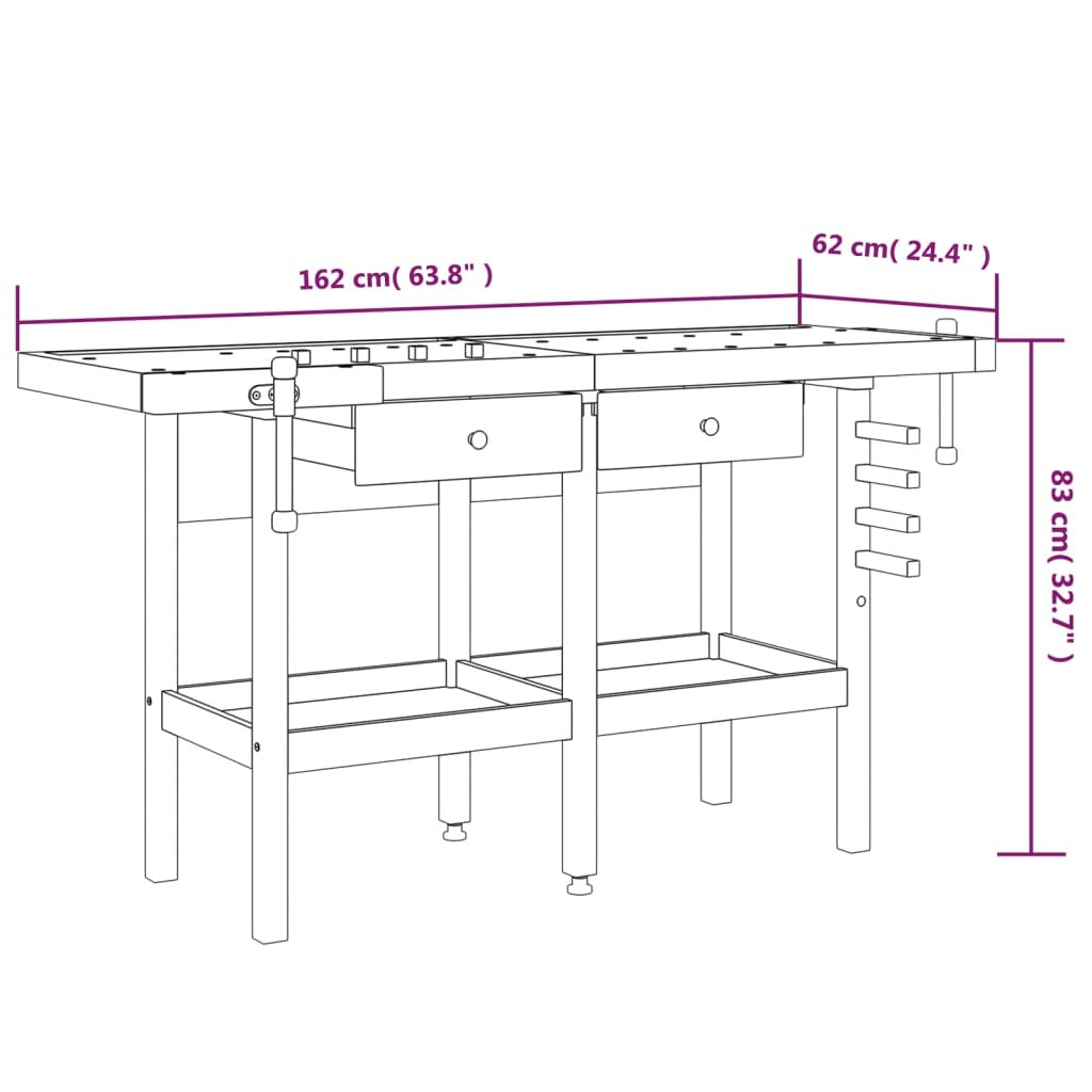 Workbench with Drawers and Vices 63.8"x24.4"x32.7" Solid Wood Acacia
