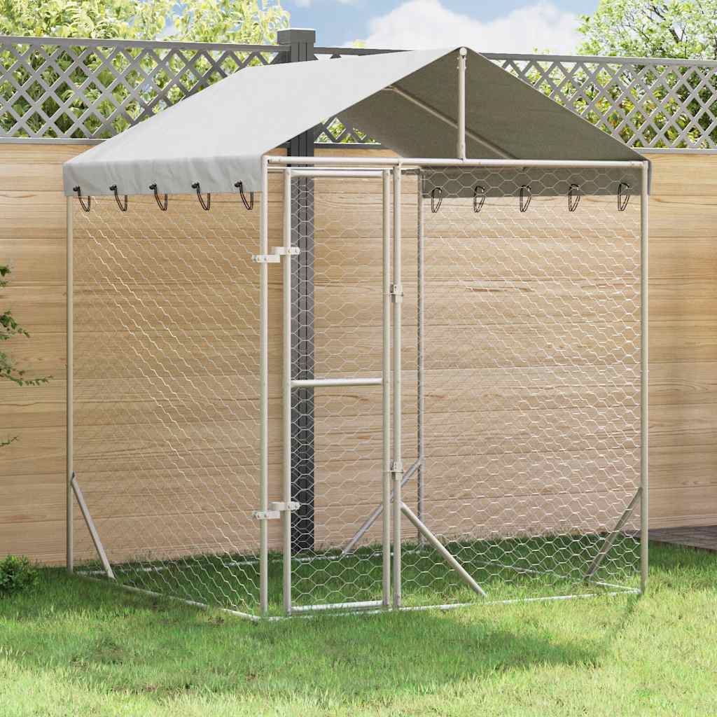Silver outdoor dog kennel with roof, 6.6x6.6x8.2 feet, galvanized steel construction by American Smart.