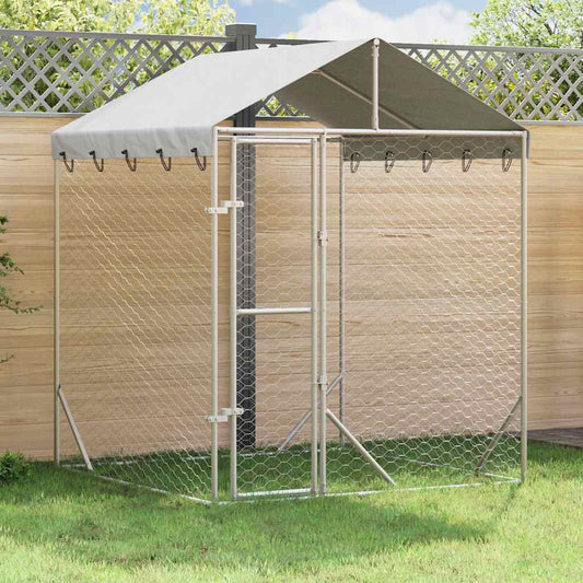 Silver outdoor dog kennel with roof, 6.6x6.6x8.2 feet, galvanized steel construction by American Smart.