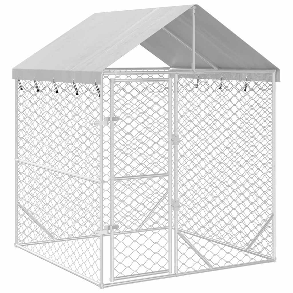 Outdoor dog kennel with a silver roof, galvanized steel construction, 6.6x6.6x8.2 feet, designed for durable dog shelter.
