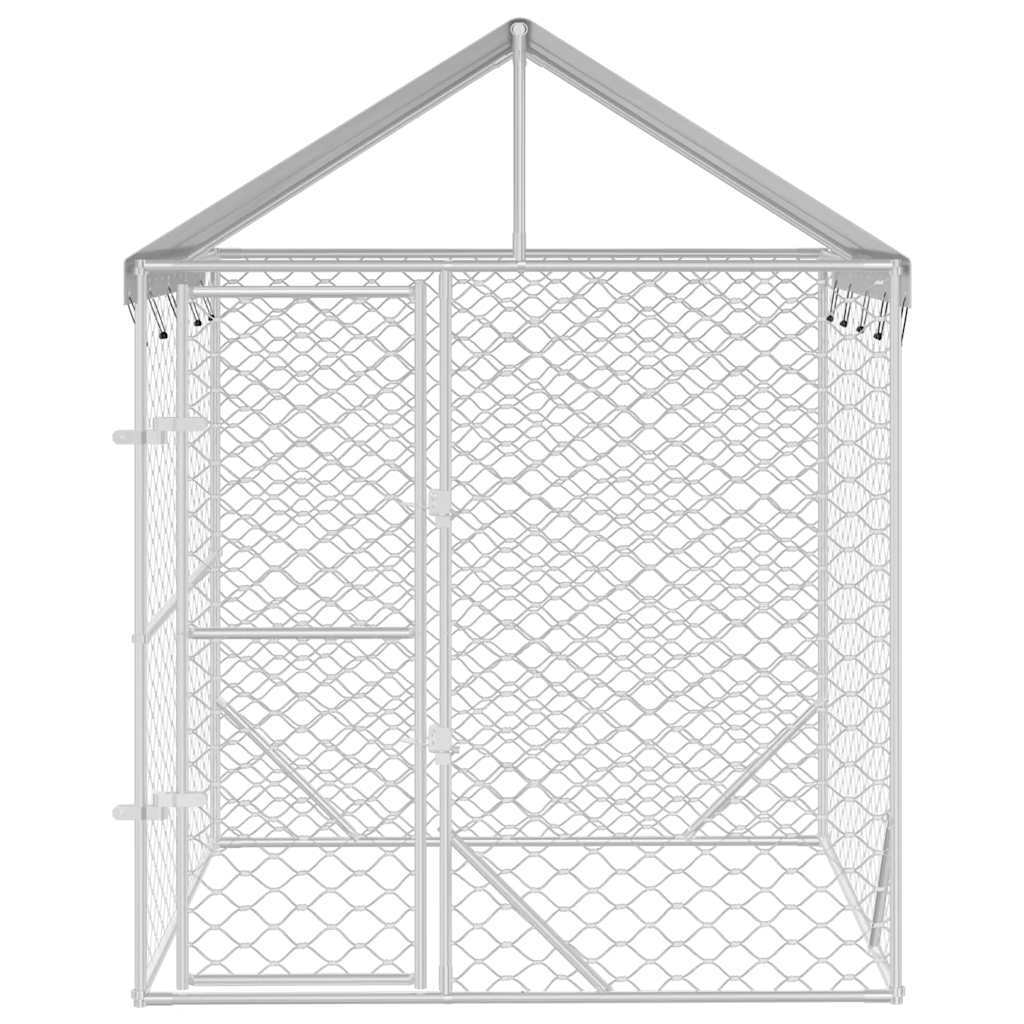 Outdoor dog kennel with silver roof, galvanized steel construction, 6.6x6.6x8.2 feet, designed for durable pet shelter.
