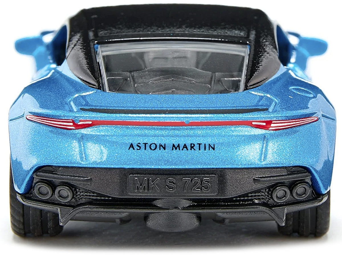Aston Martin DBS Superleggera diecast model car in blue metallic with black top, by Siku, detailed miniature automotive replica.
