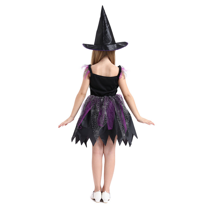 Children's witch costume for Halloween featuring a black hat, purple dress, and striped stockings by ClaudiaG Home.