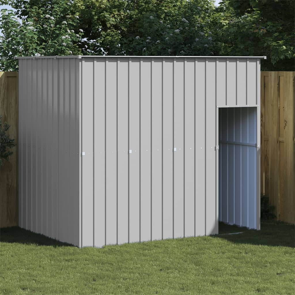Gray galvanized steel dog house with roof light, measuring 84.3 x 60.2 x 71.3 inches, from American Smart dog supplies.