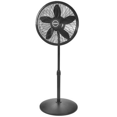 Black 18-inch pedestal fan from Lasko Products with adjustable height and rotating head for powerful airflow.
