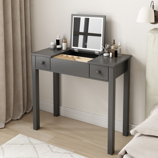 Sleek Grey Vanity Table with LED Lights, Flip-Top Mirror and 2 Drawers, Jewelry Storage for Women Dressing
