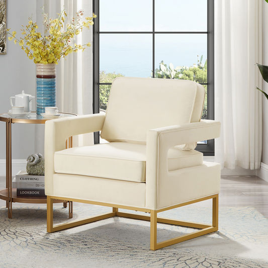 Modern Style Accent Chair with Gold Metal Base , Velvet Upholstered Leisure Chair with Open Armrest, Armchair, Cream