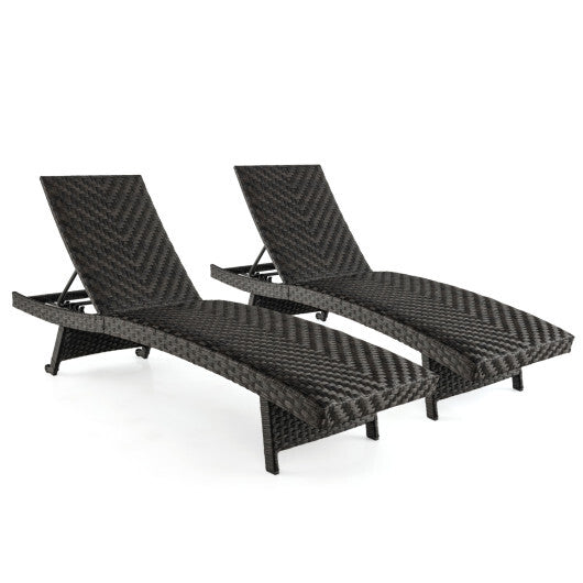 Folding Padded Rattan Patio Chaise Lounge with Adjustable Backrest Set of 2