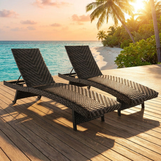 Folding Padded Rattan Patio Chaise Lounge with Adjustable Backrest Set of 2