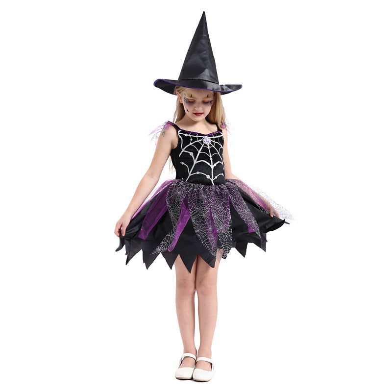 Children's Halloween witch costume by ClaudiaG Home, featuring a classic black hat, purple dress, and striped tights.