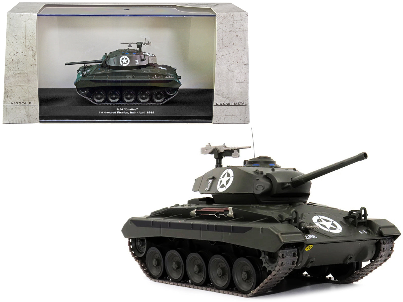 M24 Chaffee tank diecast model by AFVs of WWII, U.S. 1st Armored Division Italy April 1945, 1/43 scale.