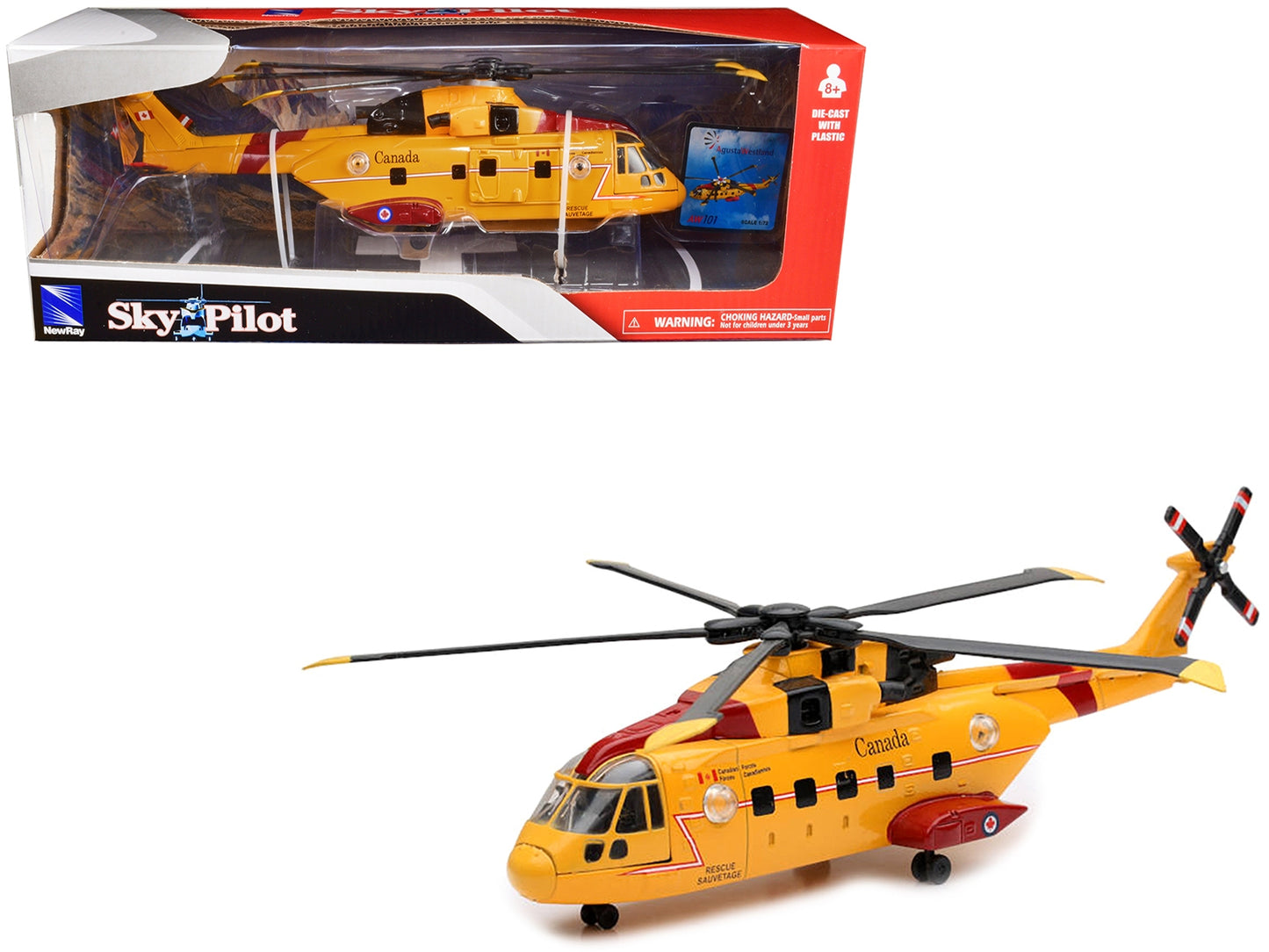 Yellow AgustaWestland AW101 helicopter model by New Ray, featuring Canada Forces Search & Rescue markings, Sky Pilot Series, 1/72 scale.