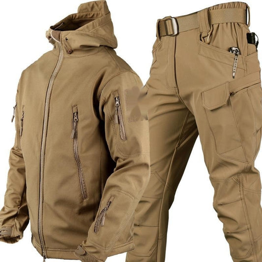 Color: Brown Khaki, Size: M - Outdoor Shark Skin Thermal Suit Special Forces Camouflage Brushed Thickened Jacket