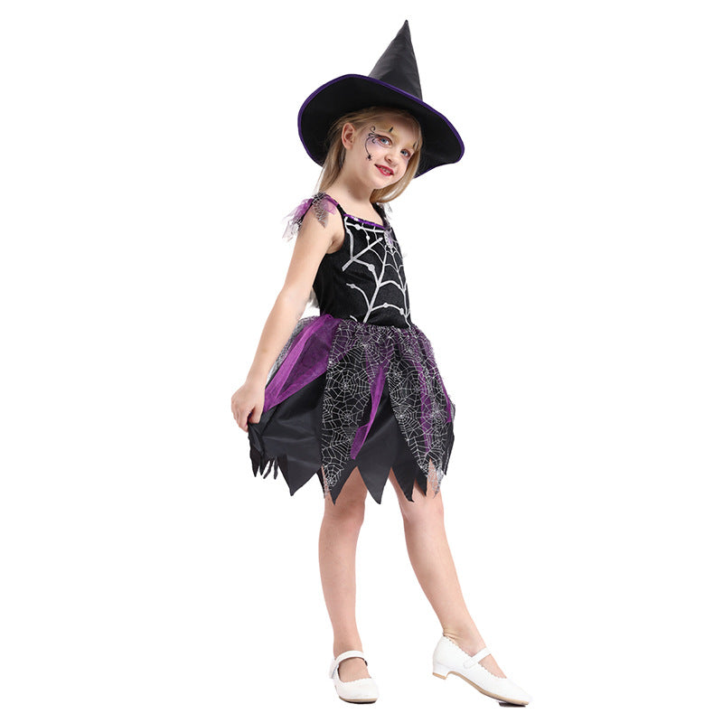 Children's Halloween witch costume by ClaudiaG Home featuring a classic black hat, striped dress, and witch accessories.